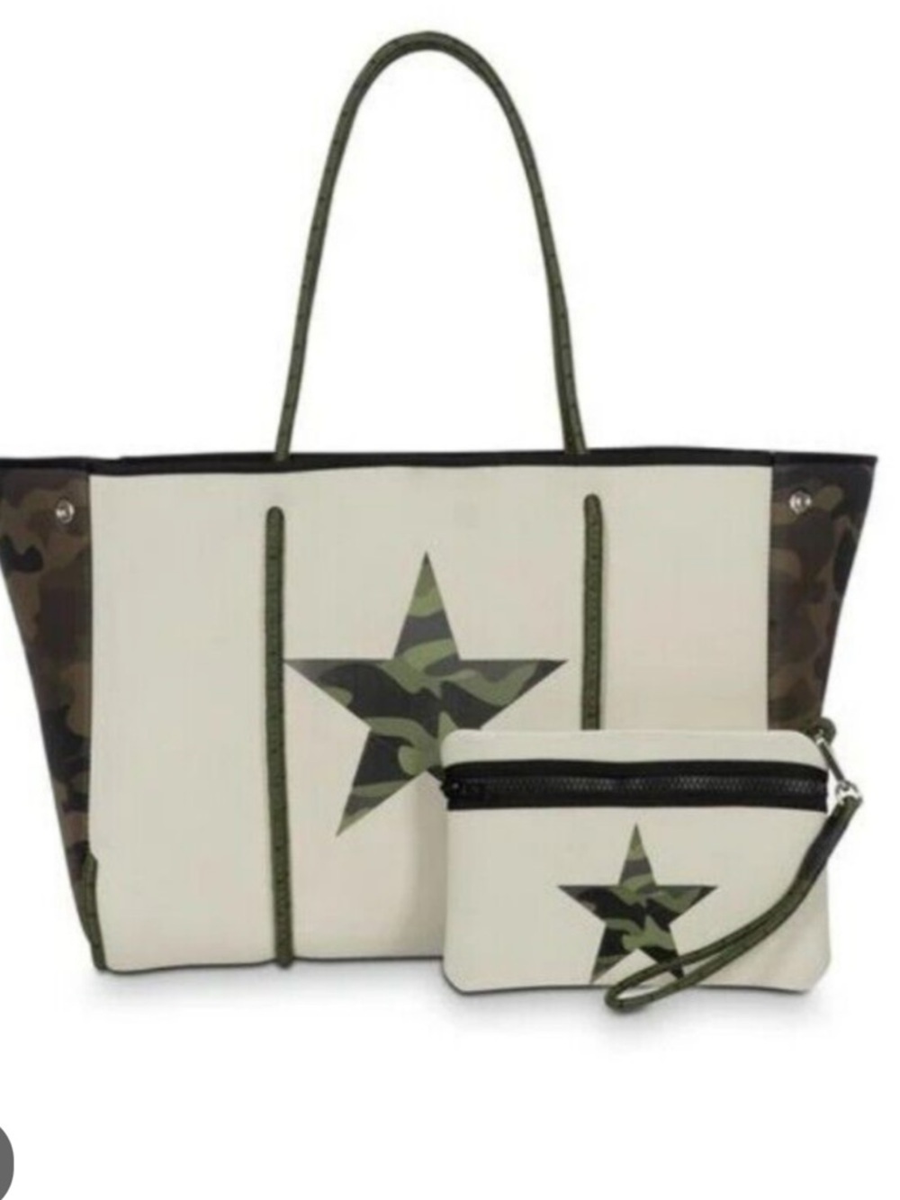 HAUTE SHORE ! Canvas Star Tote and Pouch Set - White with Green Camo Star